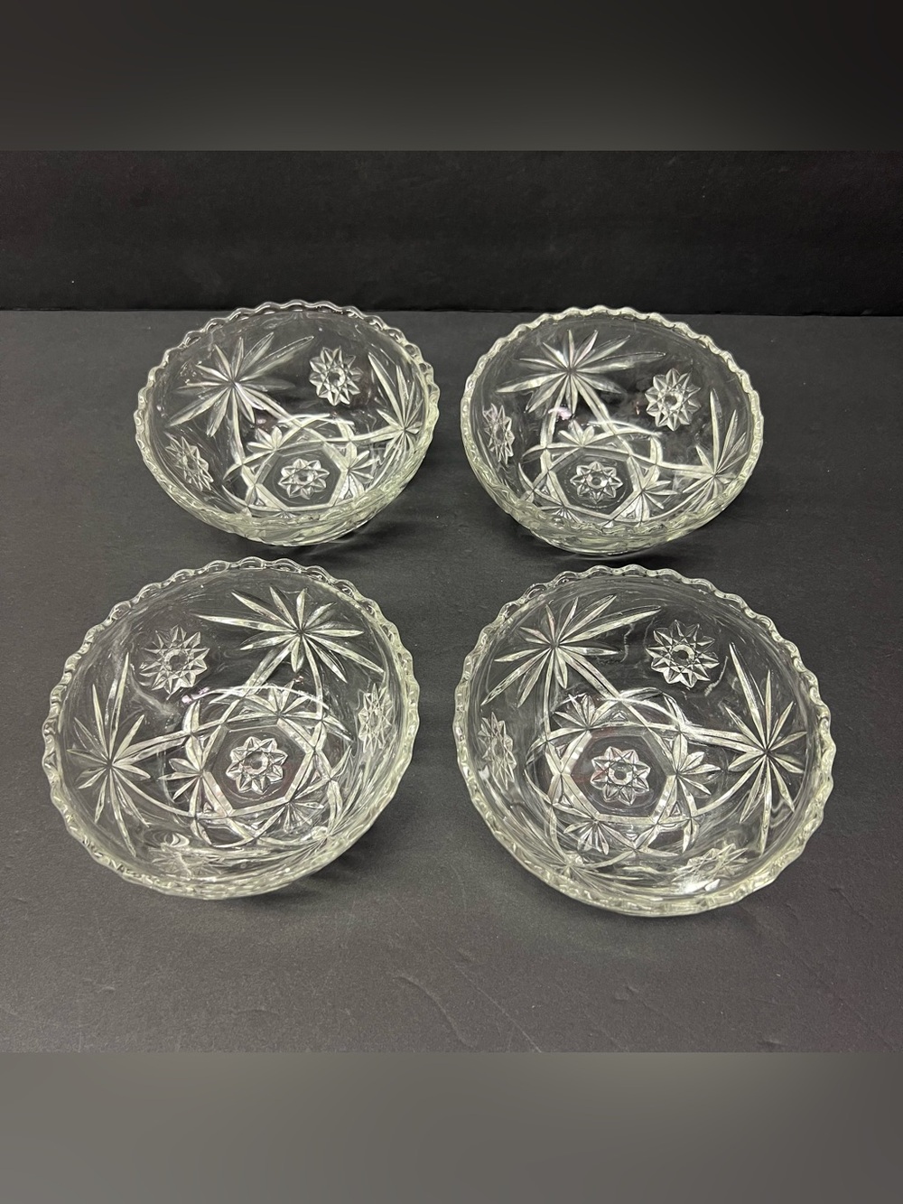 (4) Anchor Hocking 'Star of David' Scalloped Edge Vtg Pressed Glass Salad Bowls